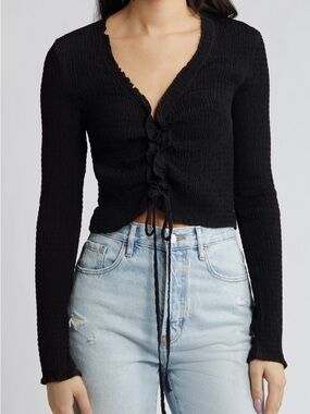Topshop Lace Up Textured Long Sleeve Blouse Black Cropped US 10
